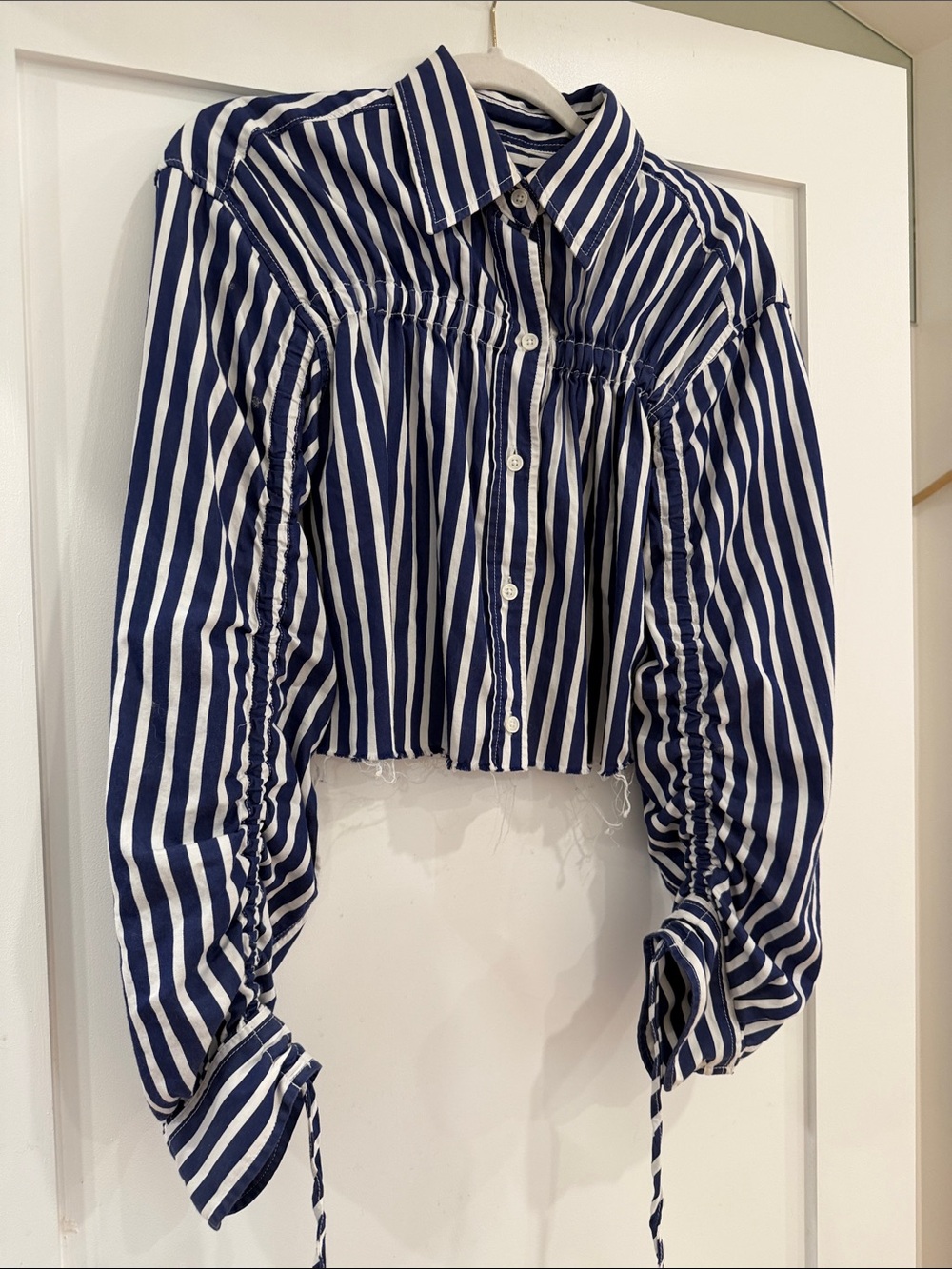 Current Elliott Cropped Navy and White Striped Button-Up Shirt drawstring